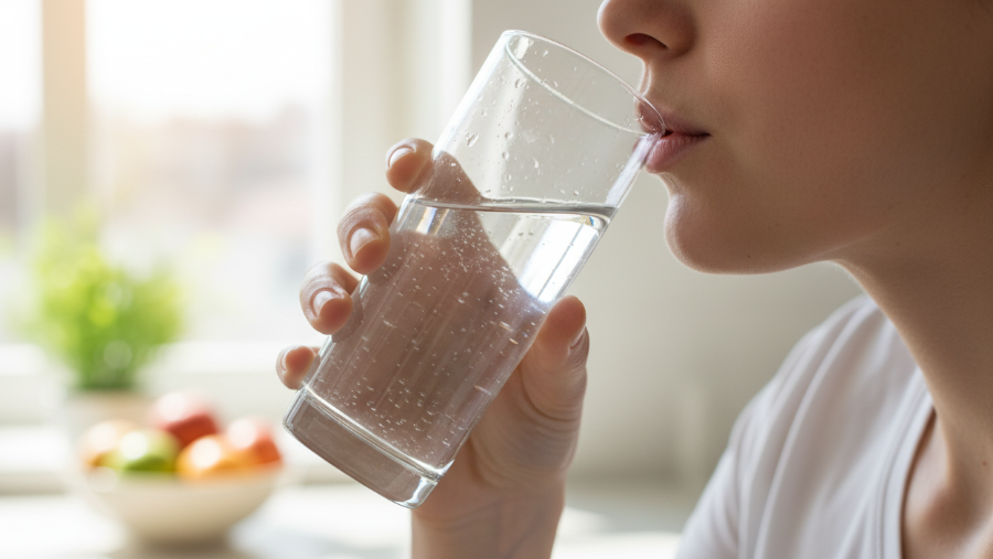 persona tomando agua pura de un vaso